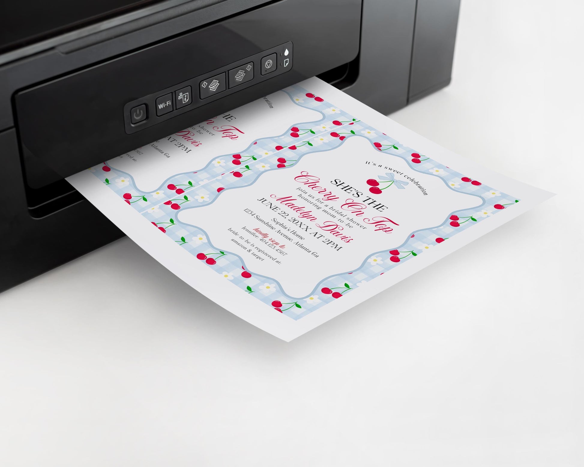 Blue Cherry Gingham Bridal Shower Invitation Printable Template, Coquette Cherry Sweet Bridal Brunch, Pastel Engagement Party Decor WP1072