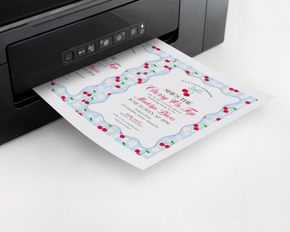 Blue Cherry Gingham Bridal Shower Invitation Printable Template, Coquette Cherry Sweet Bridal Brunch, Pastel Engagement Party Decor WP1072