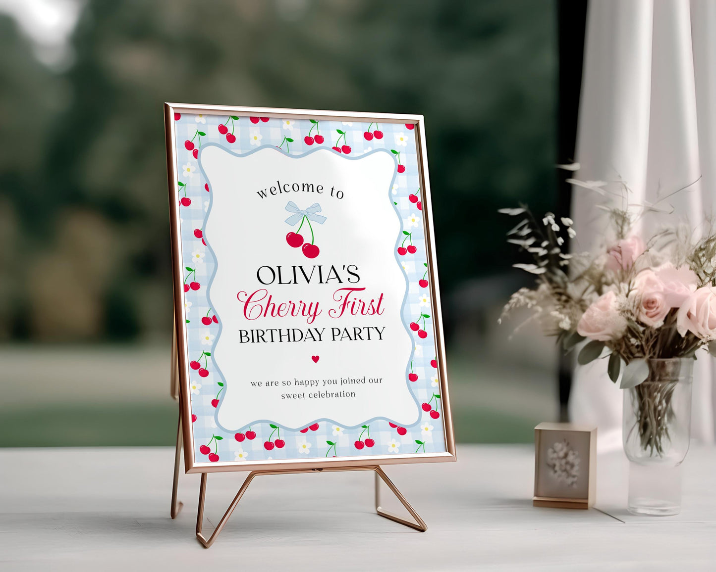 Pink Cherry Gingham 1st Birthday Welcome Sign Template, Coquette Sweet Cherry First Celebration, Pastel Gingham Party Decor WP1072