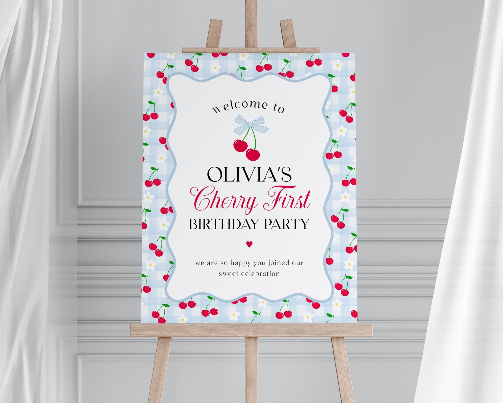 Pink Cherry Gingham 1st Birthday Welcome Sign Template, Coquette Sweet Cherry First Celebration, Pastel Gingham Party Decor WP1072