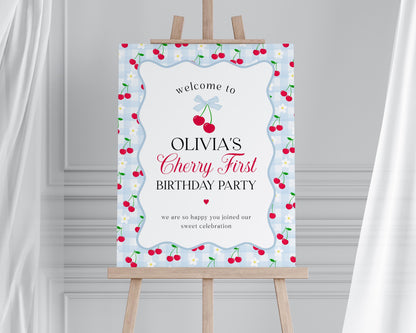 Pink Cherry Gingham 1st Birthday Welcome Sign Template, Coquette Sweet Cherry First Celebration, Pastel Gingham Party Decor WP1072