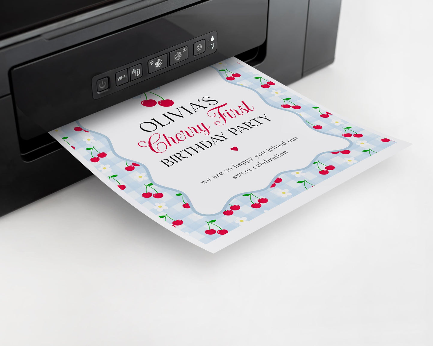 Pink Cherry Gingham 1st Birthday Welcome Sign Template, Coquette Sweet Cherry First Celebration, Pastel Gingham Party Decor WP1072