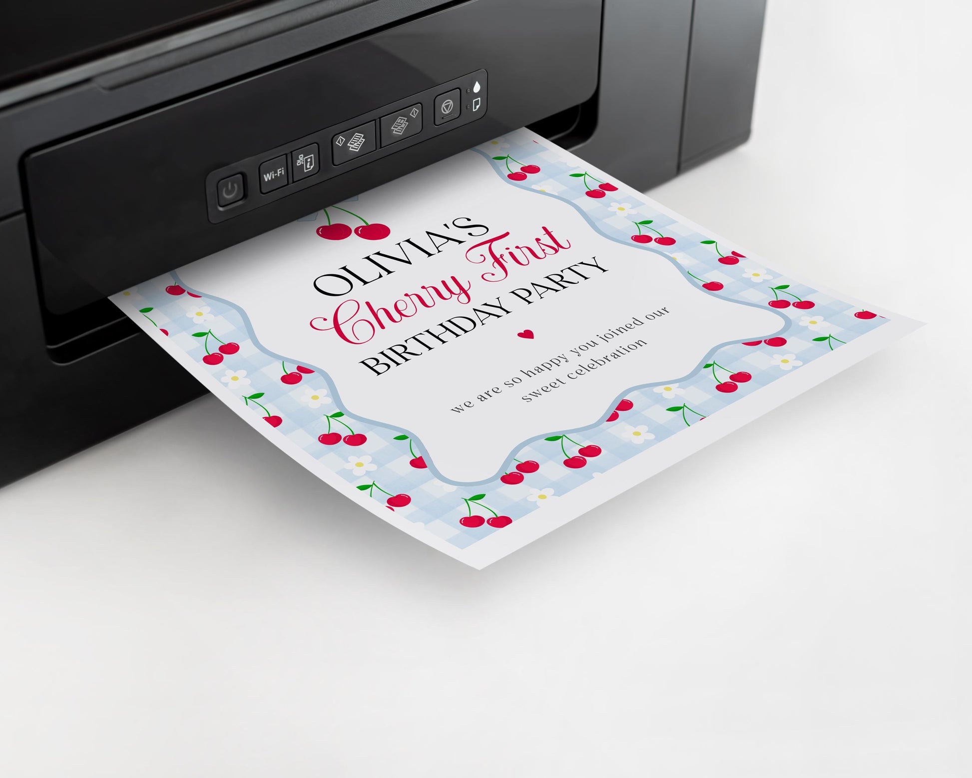 Pink Cherry Gingham 1st Birthday Welcome Sign Template, Coquette Sweet Cherry First Celebration, Pastel Gingham Party Decor WP1072