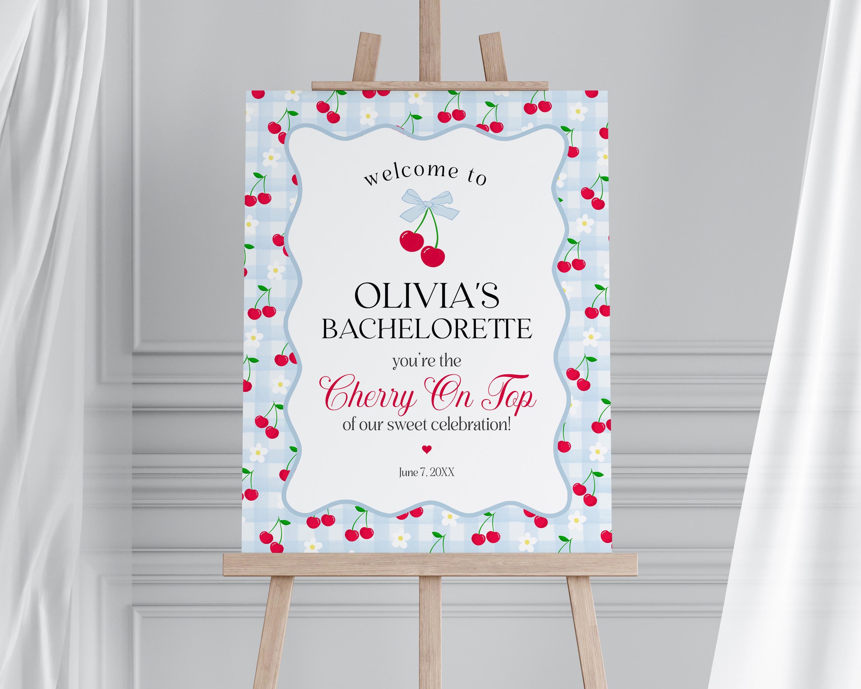 Blue Cherry Gingham Bachelorette Welcome Sign Printable Template, Coquette Cherry Sweet Hen Party Pastel Engagement Girls Night Decor WP1072