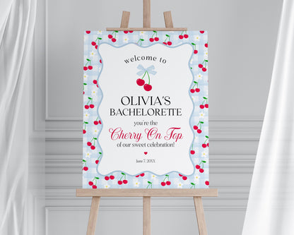 Blue Cherry Gingham Bachelorette Welcome Sign Printable Template, Coquette Cherry Sweet Hen Party Pastel Engagement Girls Night Decor WP1072
