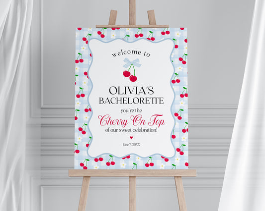 Blue Cherry Gingham Bachelorette Welcome Sign Printable Template, Coquette Cherry Sweet Hen Party Pastel Engagement Girls Night Decor WP1072