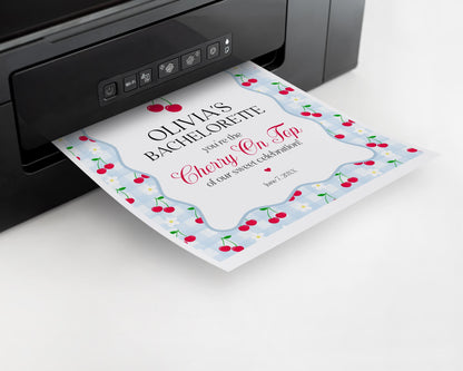 Blue Cherry Gingham Bachelorette Welcome Sign Printable Template, Coquette Cherry Sweet Hen Party Pastel Engagement Girls Night Decor WP1072