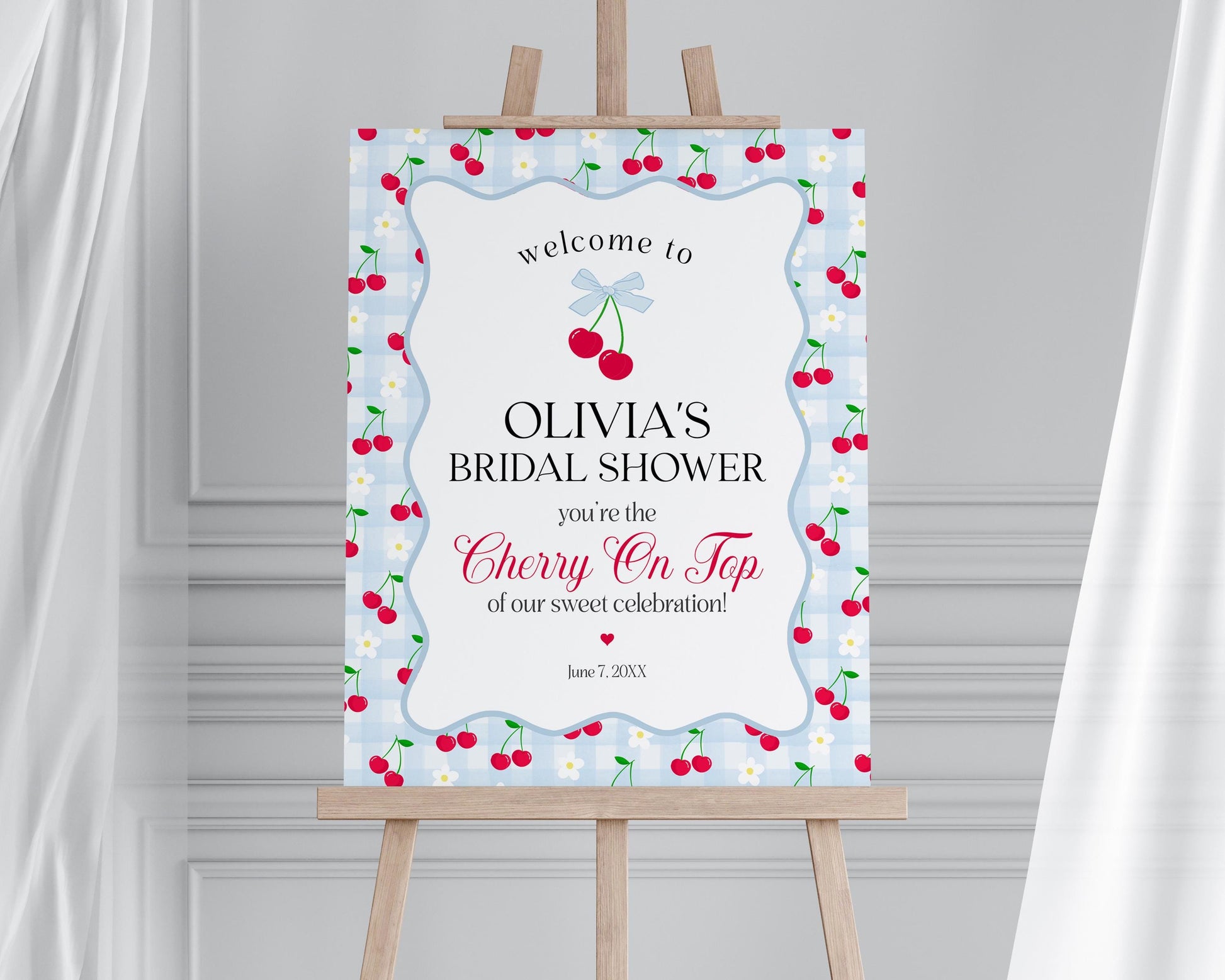 Blue Cherry Gingham Bridal Shower Welcome Sign Printable Template, Coquette Cherry Sweet Bridal Brunch, Pastel Engagement Party Decor WP1072