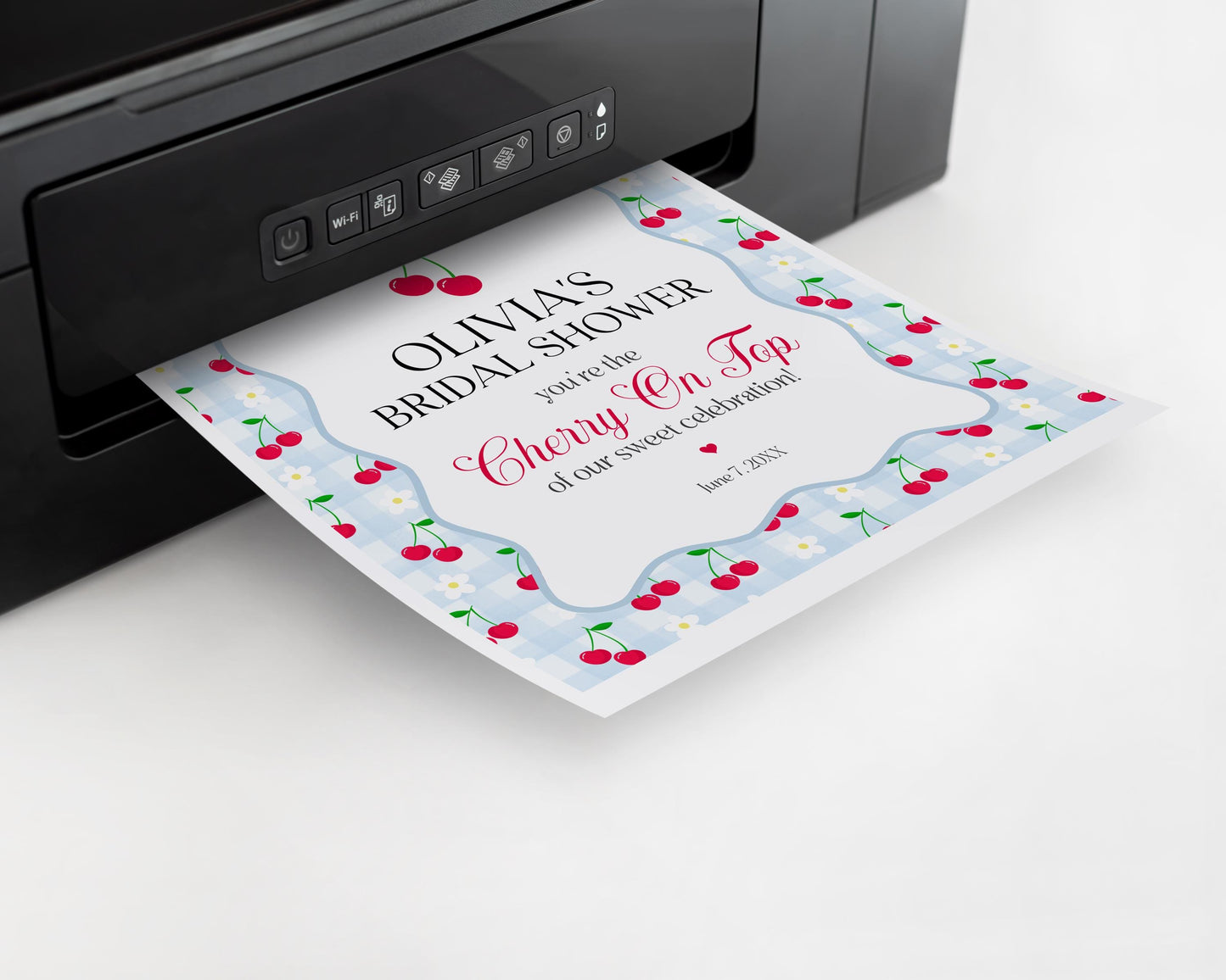 Blue Cherry Gingham Bridal Shower Welcome Sign Printable Template, Coquette Cherry Sweet Bridal Brunch, Pastel Engagement Party Decor WP1072