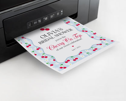 Blue Cherry Gingham Bridal Shower Welcome Sign Printable Template, Coquette Cherry Sweet Bridal Brunch, Pastel Engagement Party Decor WP1072