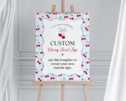 Blue Cherry Gingham Custom Sign Template, Coquette Sweet Cherry Baby Shower, Pastel Gingham Bridal Brunch, Girl Birthday Party Decor WP1072