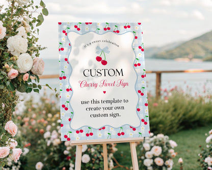 Blue Cherry Gingham Custom Sign Template, Coquette Sweet Cherry Baby Shower, Pastel Gingham Bridal Brunch, Girl Birthday Party Decor WP1072