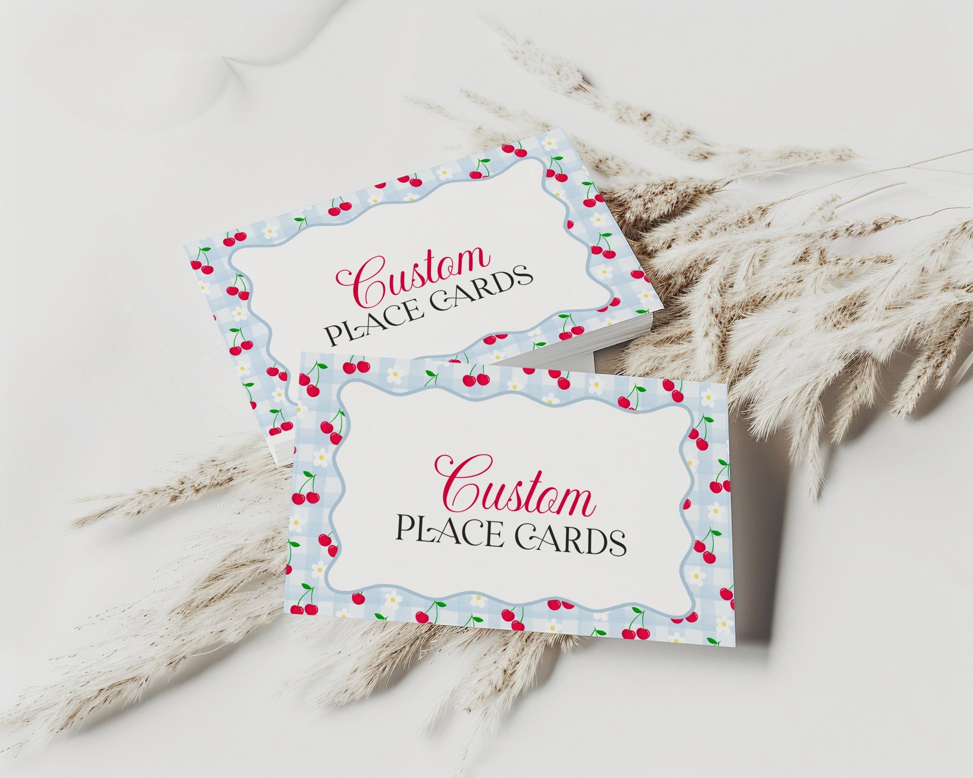 Blue Cherry Gingham Place Cards Template, Coquette Sweet Cherry Baby Shower, Pastel Gingham Bridal Brunch, Girl Birthday Party Decor WP1072