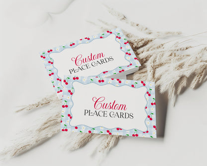 Blue Cherry Gingham Place Cards Template, Coquette Sweet Cherry Baby Shower, Pastel Gingham Bridal Brunch, Girl Birthday Party Decor WP1072