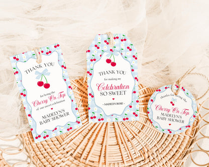 Blue Cherry Gingham Baby Shower Favor Tags Template, Coquette Sweet Cherry on Top Baby Sprinkle, Pastel Gingham Nesting Party Favors WP1072