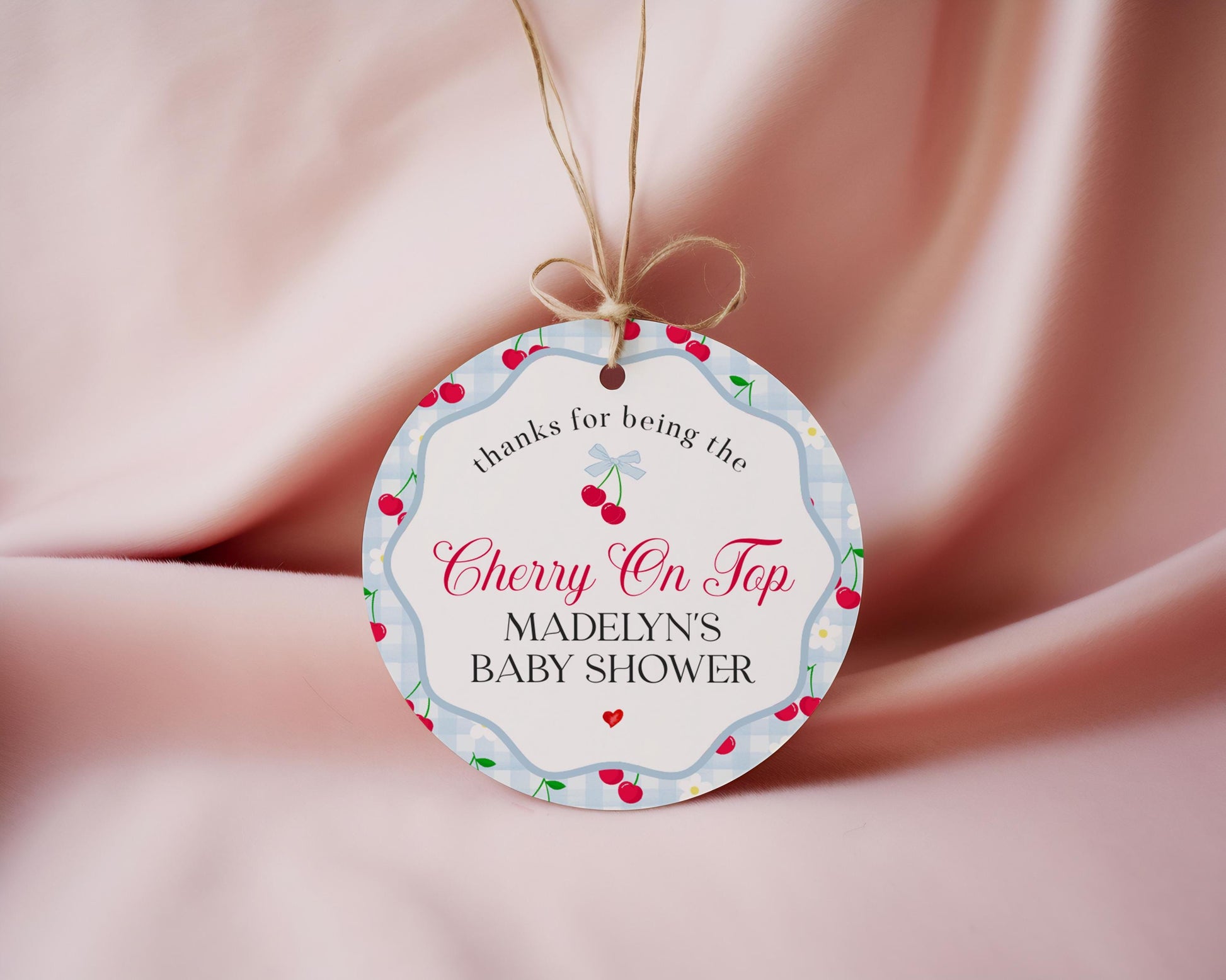 Blue Cherry Gingham Baby Shower Favor Tags Template, Coquette Sweet Cherry on Top Baby Sprinkle, Pastel Gingham Nesting Party Favors WP1072