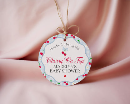 Blue Cherry Gingham Bridal Shower Favor Tags Template, Coquette Cherry Sweet Bridal Brunch, Pastel Gingham Engagement Party Favors WP1072