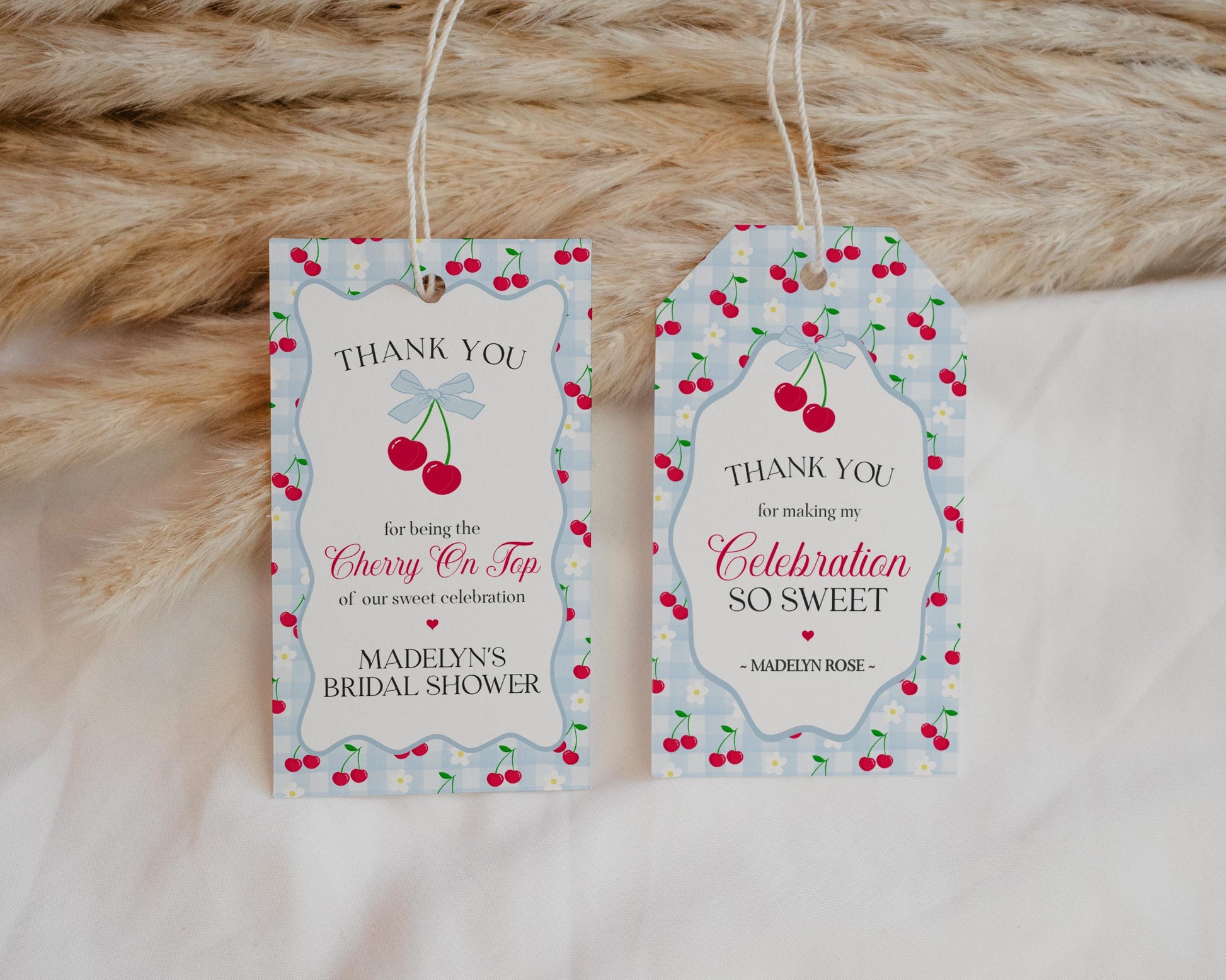 Blue Cherry Gingham Bridal Shower Favor Tags Template, Coquette Cherry Sweet Bridal Brunch, Pastel Gingham Engagement Party Favors WP1072