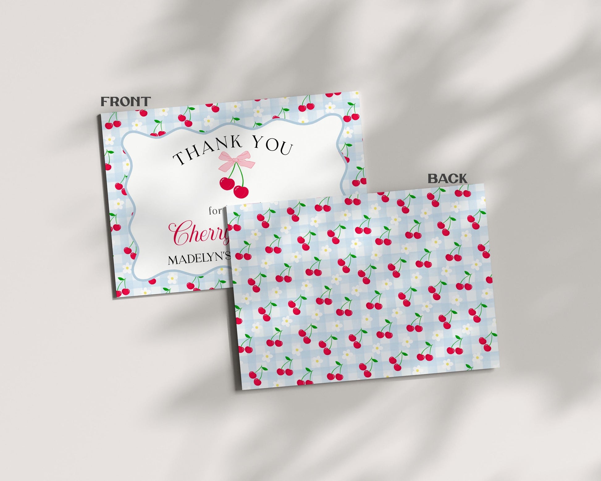 Blue Cherry Gingham Thank You Card Template, Coquette Sweet Cherry Baby Shower, Pastel Gingham Bridal Brunch, Girl Birthday Party WP1072