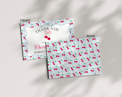 Blue Cherry Gingham Thank You Card Template, Coquette Sweet Cherry Baby Shower, Pastel Gingham Bridal Brunch, Girl Birthday Party WP1072