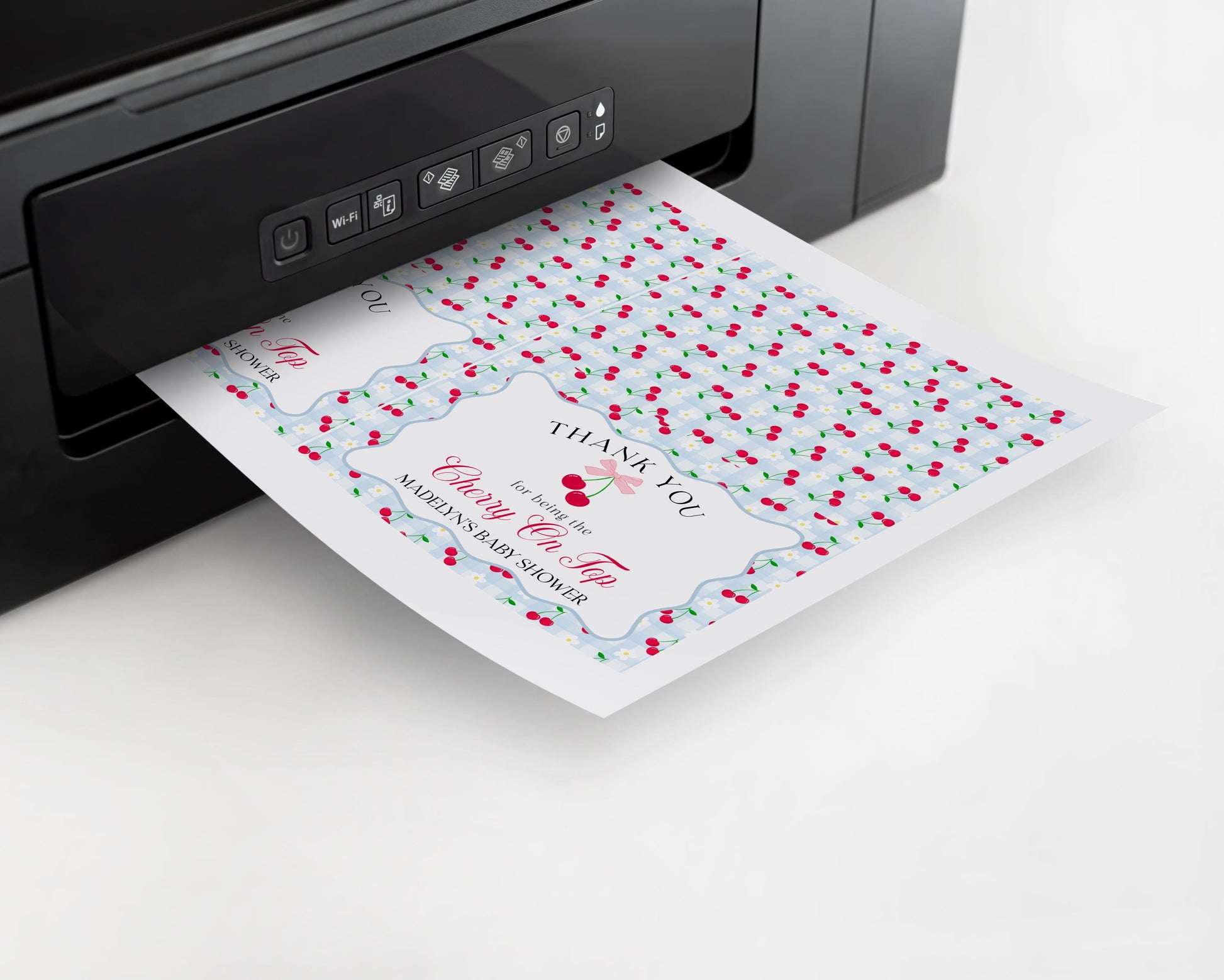 Blue Cherry Gingham Thank You Card Template, Coquette Sweet Cherry Baby Shower, Pastel Gingham Bridal Brunch, Girl Birthday Party WP1072