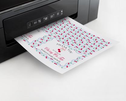 Blue Cherry Gingham Thank You Card Template, Coquette Sweet Cherry Baby Shower, Pastel Gingham Bridal Brunch, Girl Birthday Party WP1072