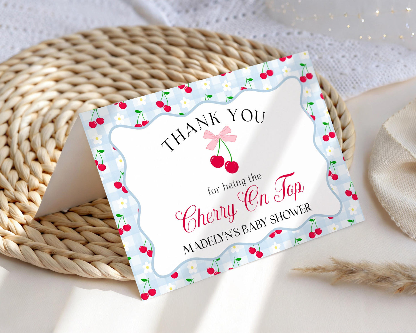 Blue Cherry Gingham Thank You Card Template, Coquette Sweet Cherry Baby Shower, Pastel Gingham Bridal Brunch, Girl Birthday Party WP1072
