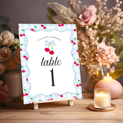 Blue Cherry Gingham Table Number Cards Template, Coquette Sweet Cherry Baby Shower, Pastel Bridal Brunch, Girl Birthday Table Decor WP1072