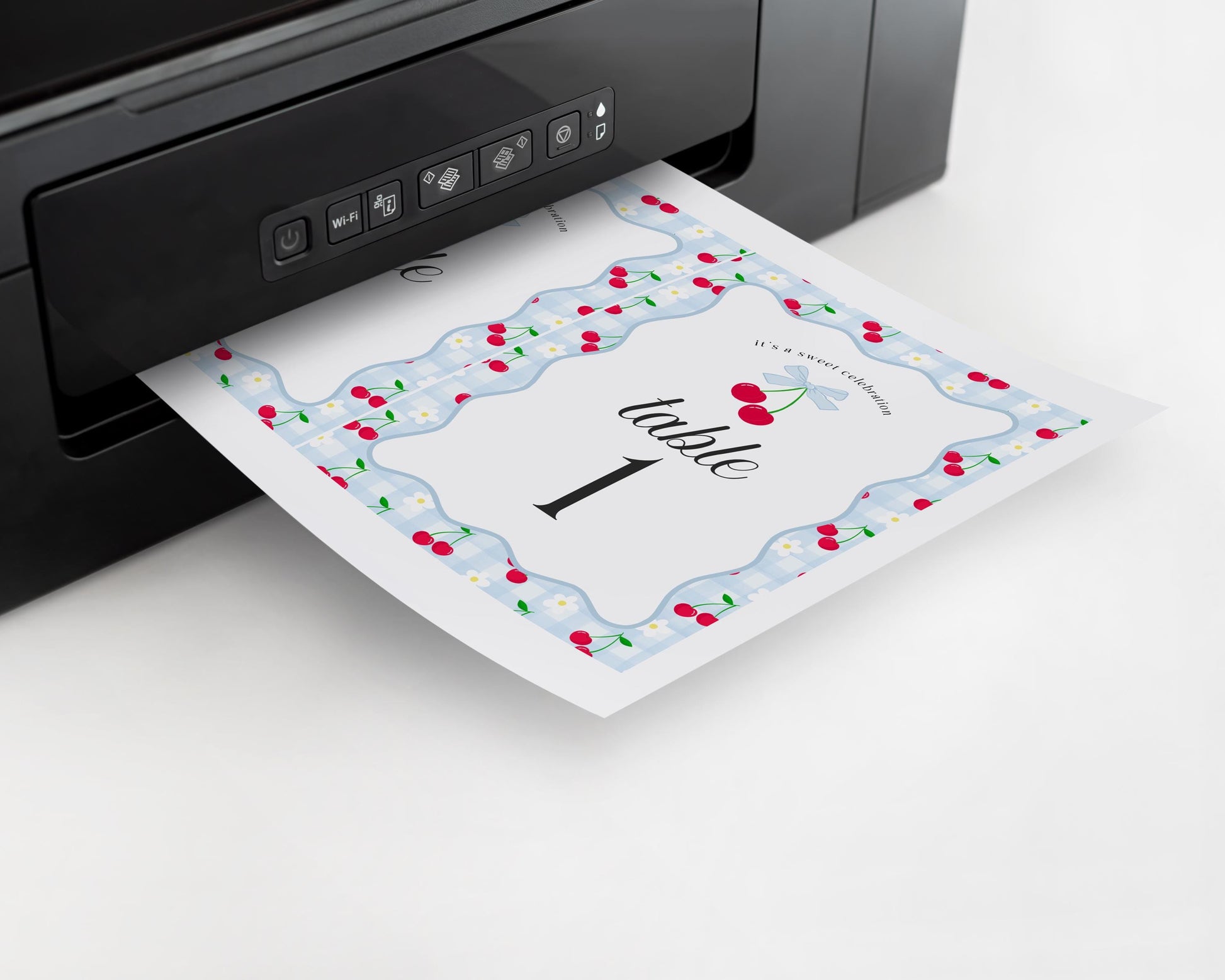 Blue Cherry Gingham Table Number Cards Template, Coquette Sweet Cherry Baby Shower, Pastel Bridal Brunch, Girl Birthday Table Decor WP1072