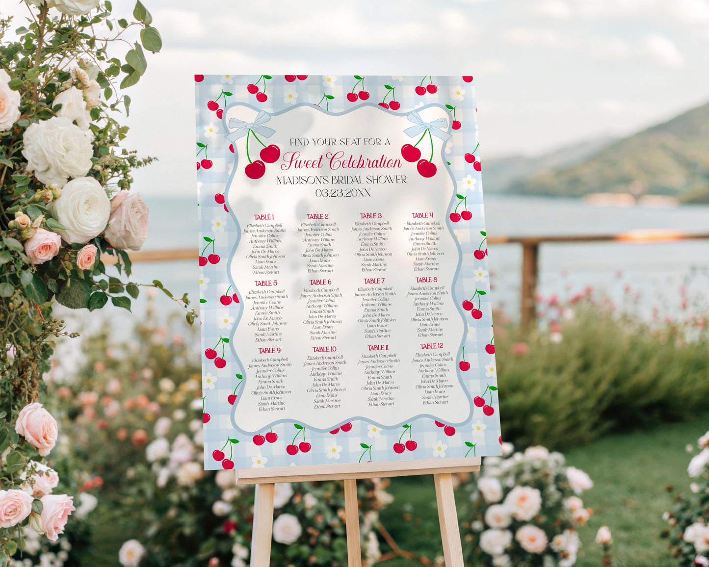 Blue Cherry Gingham Seating Chart Cards Template, Coquette Sweet Cherry Baby Sprinkle, Pastel Bridal Shower, Girl Birthday Party WP1072