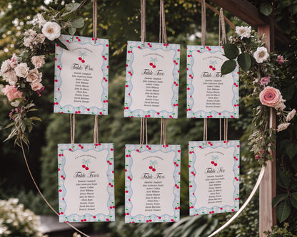 Blue Cherry Gingham Seating Chart Cards Template, Coquette Sweet Cherry Baby Sprinkle, Pastel Bridal Shower, Girl Birthday Party WP1072