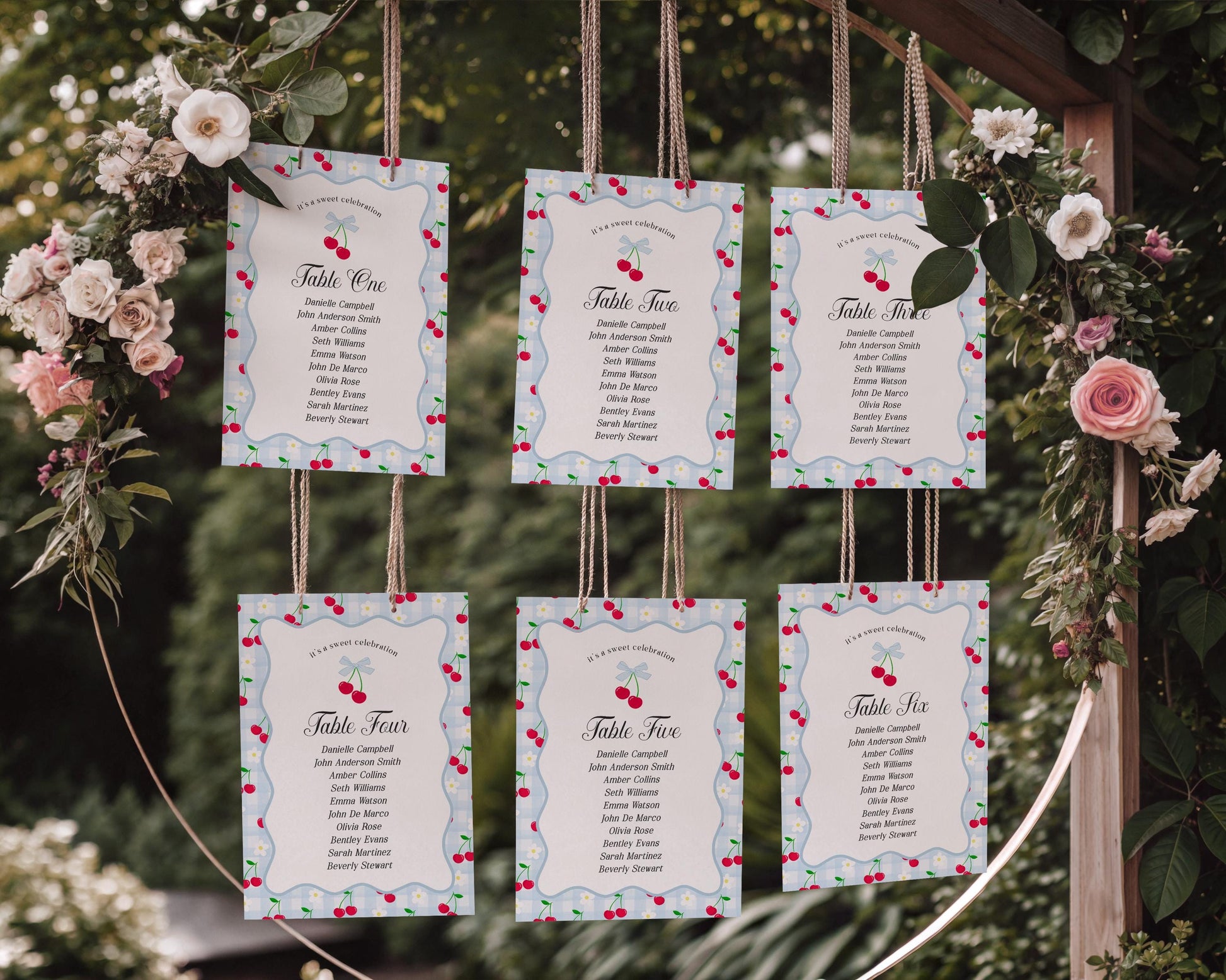 Blue Cherry Gingham Seating Chart Poster Template, Coquette Sweet Cherry Baby Sprinkle, Pastel Bridal Shower, Girl Birthday Party WP1072