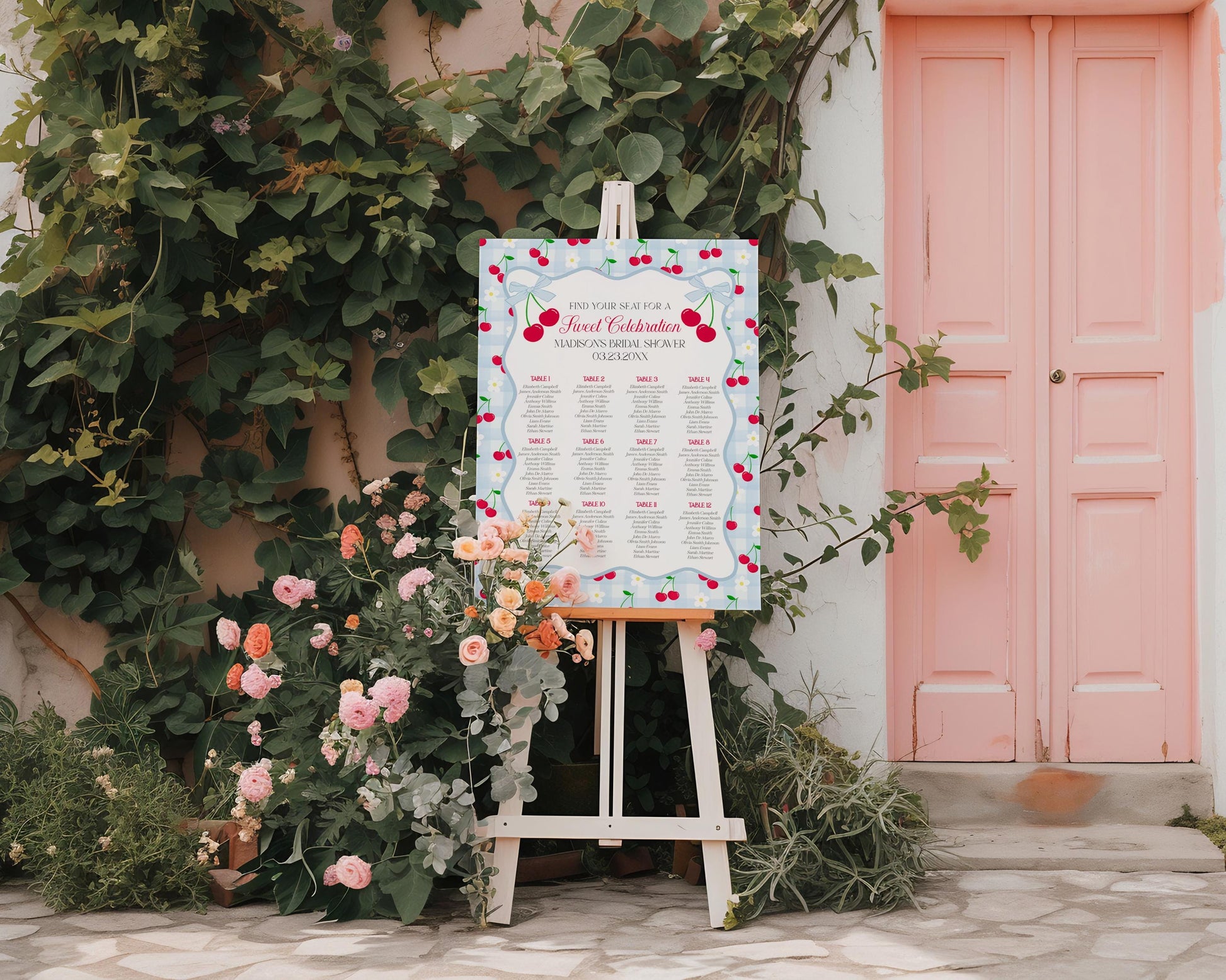 Blue Cherry Gingham Seating Chart Cards Template, Coquette Sweet Cherry Baby Sprinkle, Pastel Bridal Shower, Girl Birthday Party WP1072