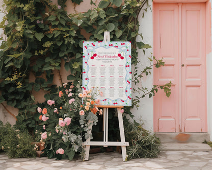 Blue Cherry Gingham Seating Chart Poster Template, Coquette Sweet Cherry Baby Sprinkle, Pastel Bridal Shower, Girl Birthday Party WP1072