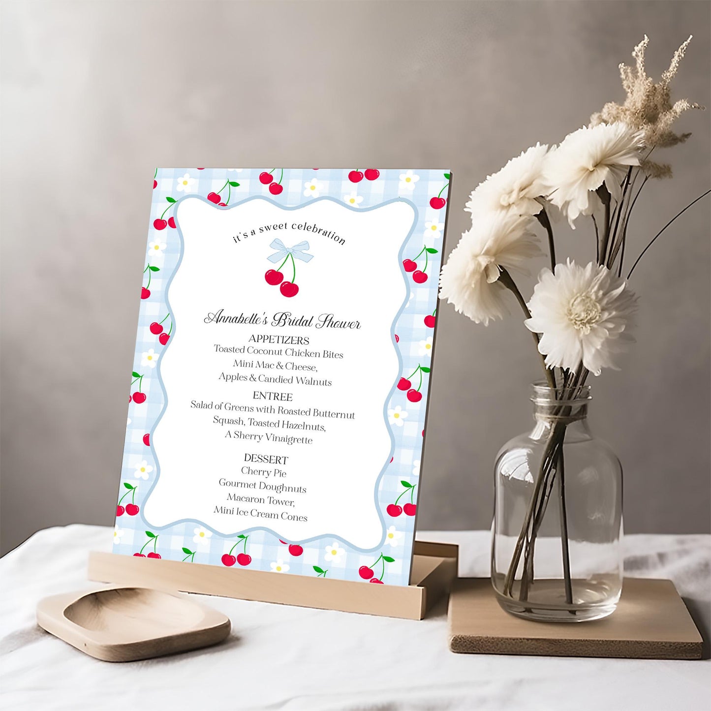 Blue Cherry Gingham Menu Template, Coquette Sweet Cherry Baby Shower, Pastel Gingham Bridal Brunch, Girl Birthday Table Decor WP1072