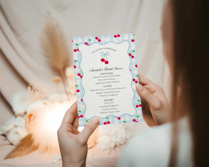 Blue Cherry Gingham Menu Template, Coquette Sweet Cherry Baby Shower, Pastel Gingham Bridal Brunch, Girl Birthday Table Decor WP1072