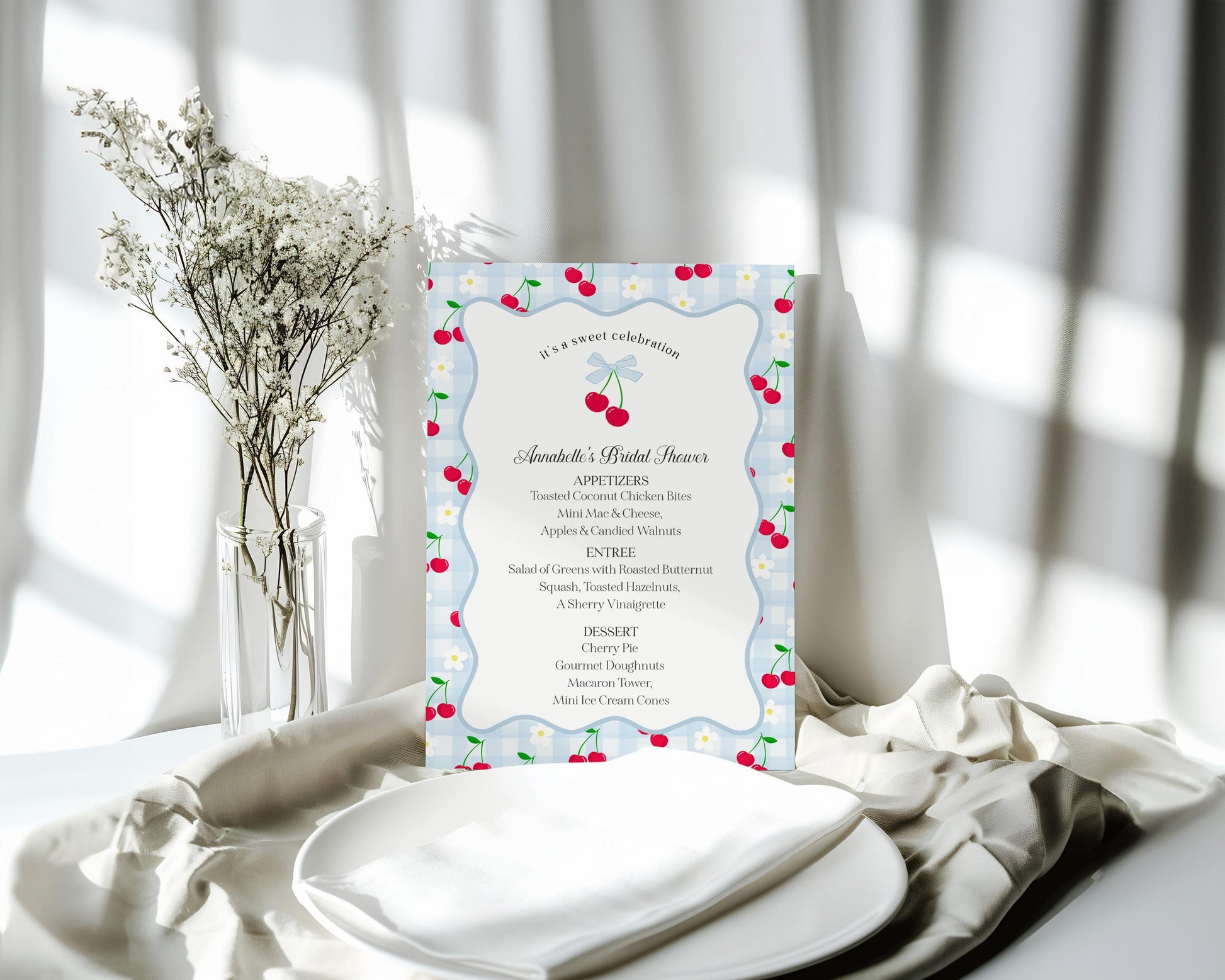 Blue Cherry Gingham Menu Template, Coquette Sweet Cherry Baby Shower, Pastel Gingham Bridal Brunch, Girl Birthday Table Decor WP1072