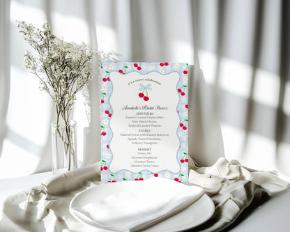 Blue Cherry Gingham Menu Template, Coquette Sweet Cherry Baby Shower, Pastel Gingham Bridal Brunch, Girl Birthday Table Decor WP1072