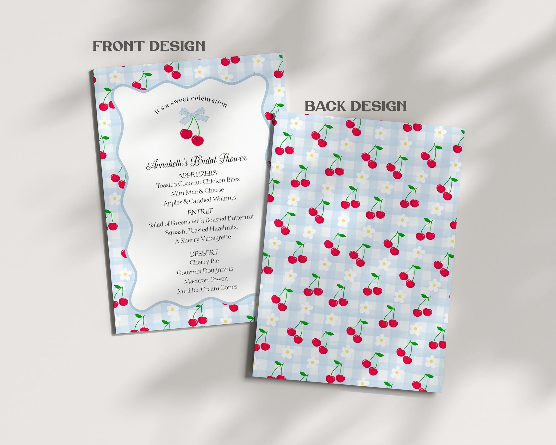 Blue Cherry Gingham Menu Template, Coquette Sweet Cherry Baby Shower, Pastel Gingham Bridal Brunch, Girl Birthday Table Decor WP1072