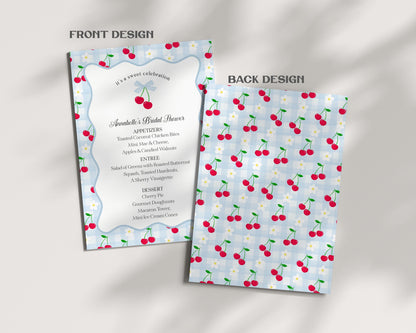 Blue Cherry Gingham Menu Template, Coquette Sweet Cherry Baby Shower, Pastel Gingham Bridal Brunch, Girl Birthday Table Decor WP1072