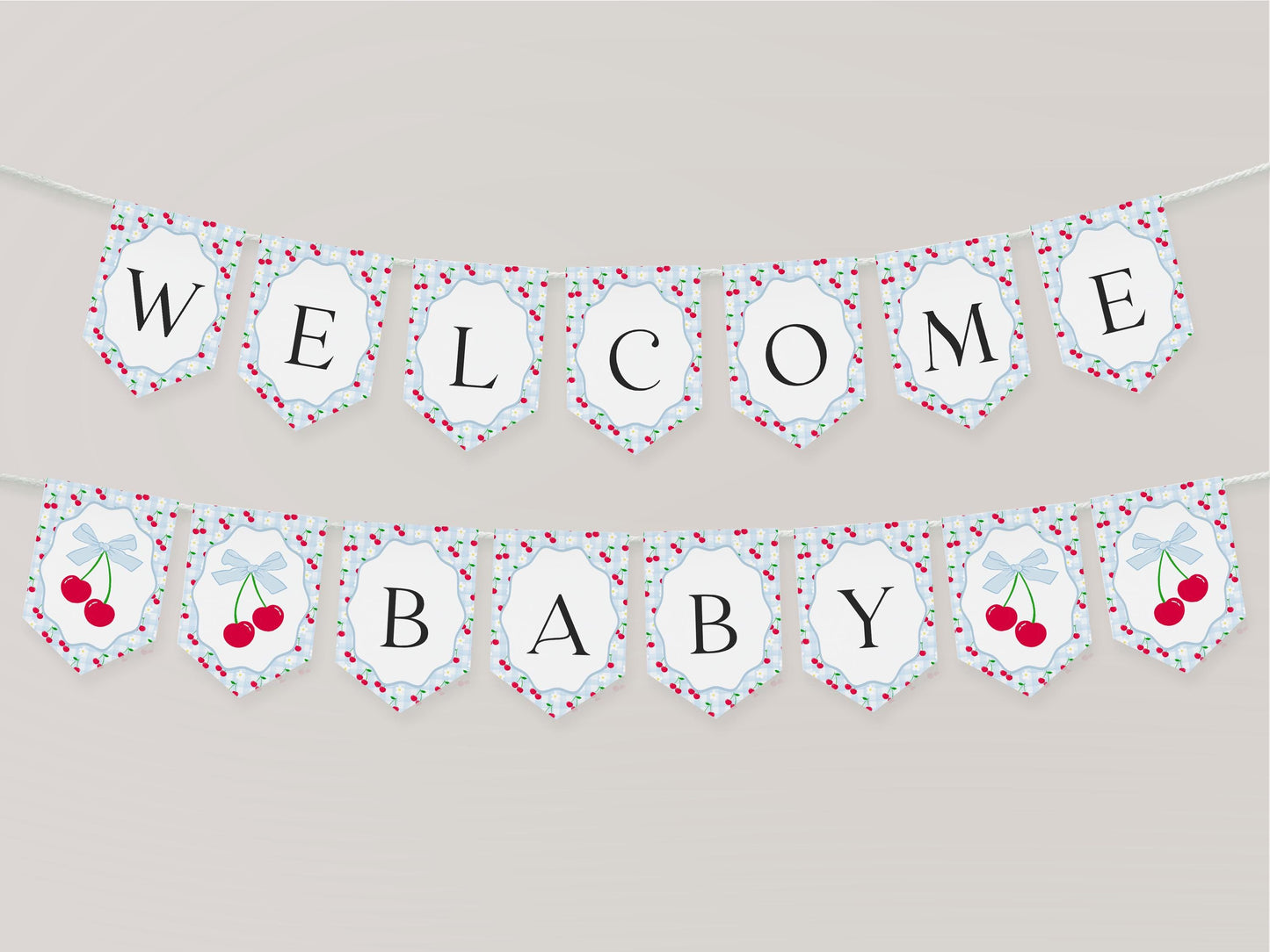 Blue Cherry Gingham Baby Shower Banner Template, Coquette Sweet Cherry on Top Baby Sprinkle, Pastel Gingham Nesting Party Decor WP1072
