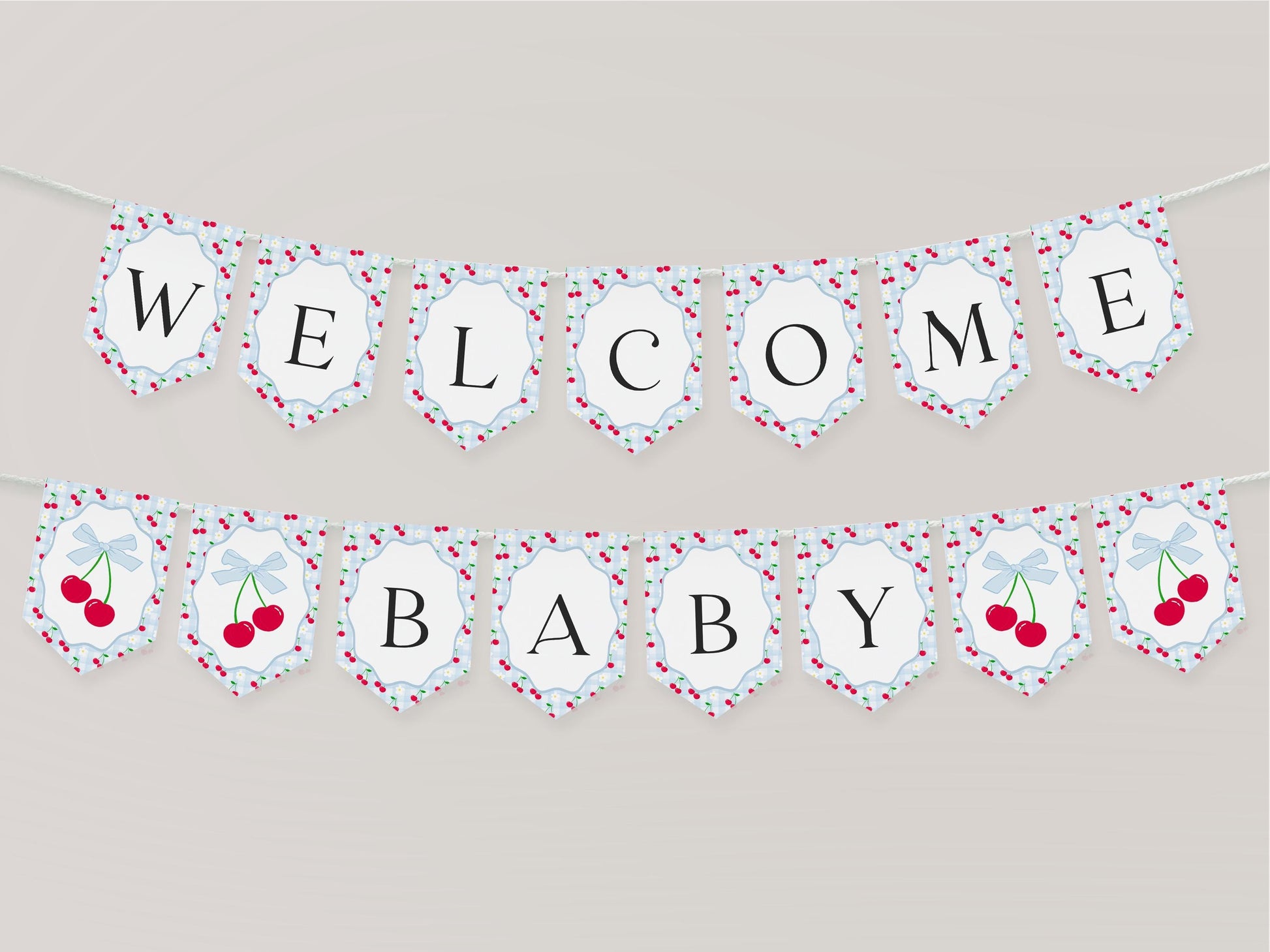 Blue Cherry Gingham Baby Shower Banner Template, Coquette Sweet Cherry on Top Baby Sprinkle, Pastel Gingham Nesting Party Decor WP1072