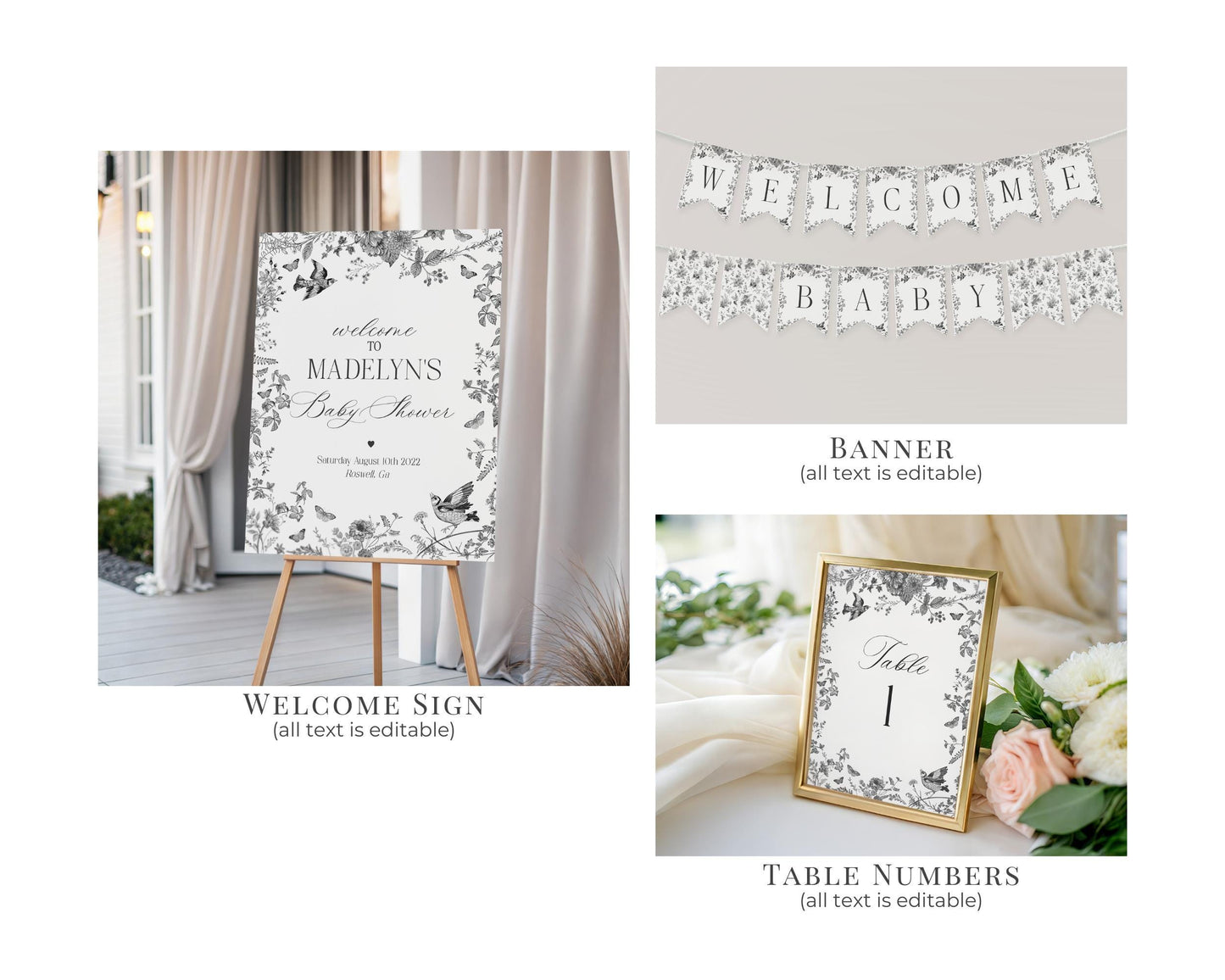 Black Toile De Jouy Baby Shower Printable Bundle, Baby in Bloom Wildflower Baby Brunch, Black Chinoiserie Nesting Party Decor WP1069