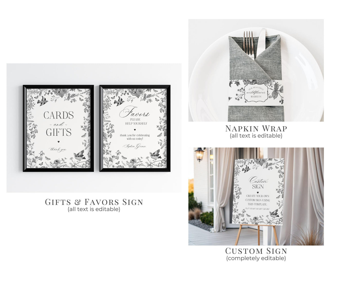 Black Toile De Jouy Baby Shower Printable Bundle, Baby in Bloom Wildflower Baby Brunch, Black Chinoiserie Nesting Party Decor WP1069