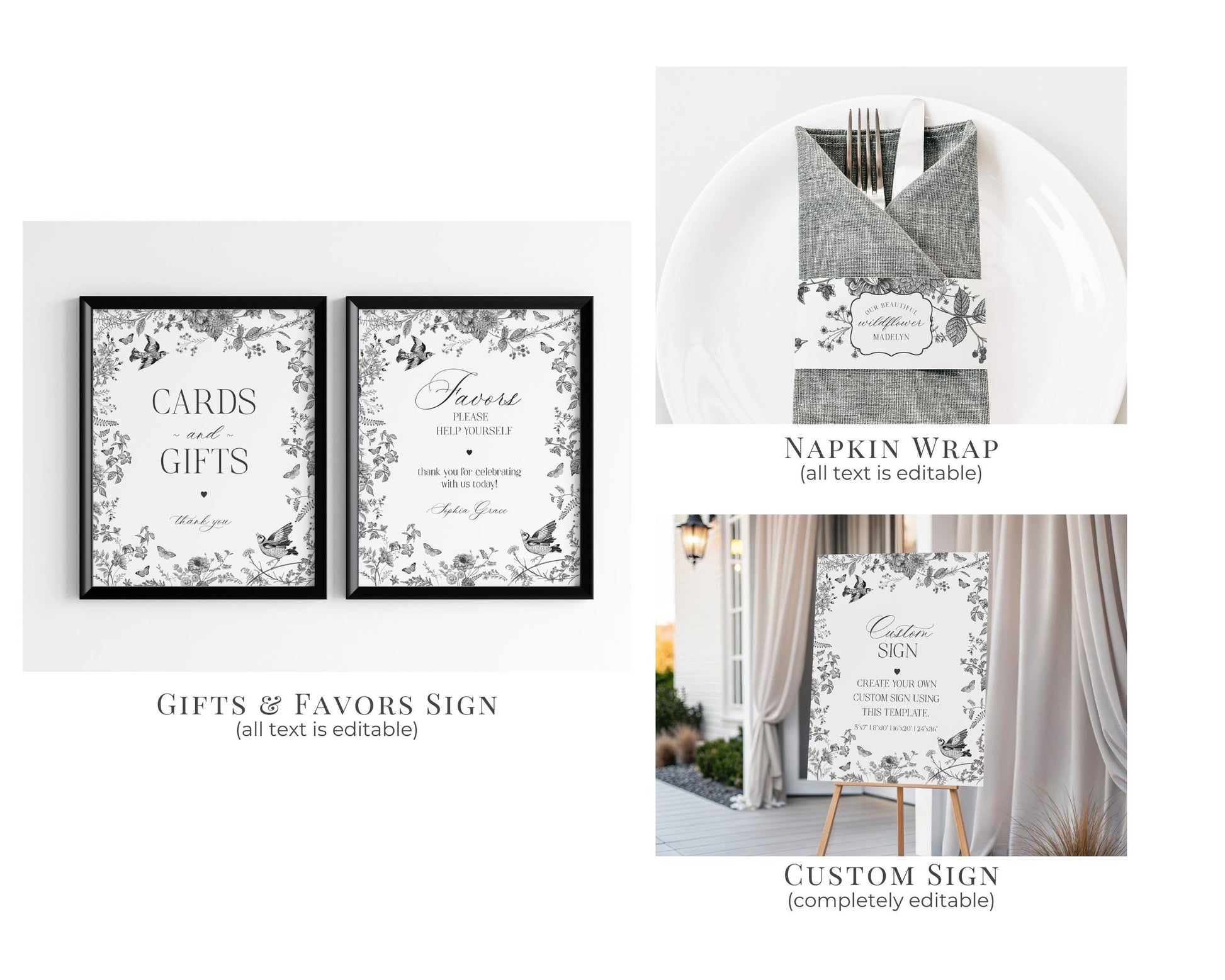 Black Toile De Jouy Baby Shower Printable Bundle, Baby in Bloom Wildflower Baby Brunch, Black Chinoiserie Nesting Party Decor WP1069