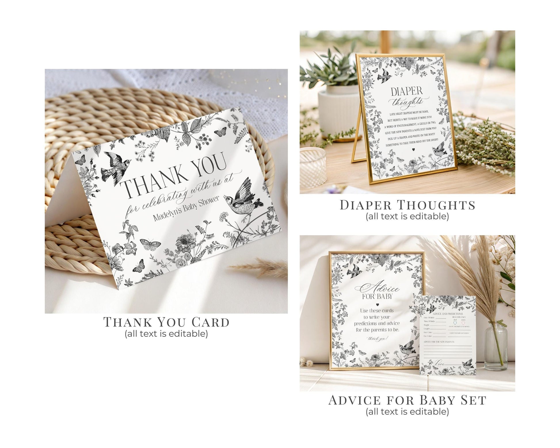 Black Toile De Jouy Baby Shower Printable Bundle, Baby in Bloom Wildflower Baby Brunch, Black Chinoiserie Nesting Party Decor WP1069