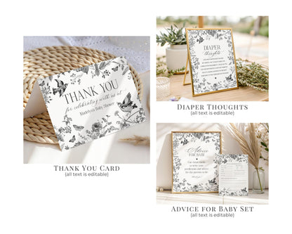 Black Toile De Jouy Baby Shower Printable Bundle, Baby in Bloom Wildflower Baby Brunch, Black Chinoiserie Nesting Party Decor WP1069