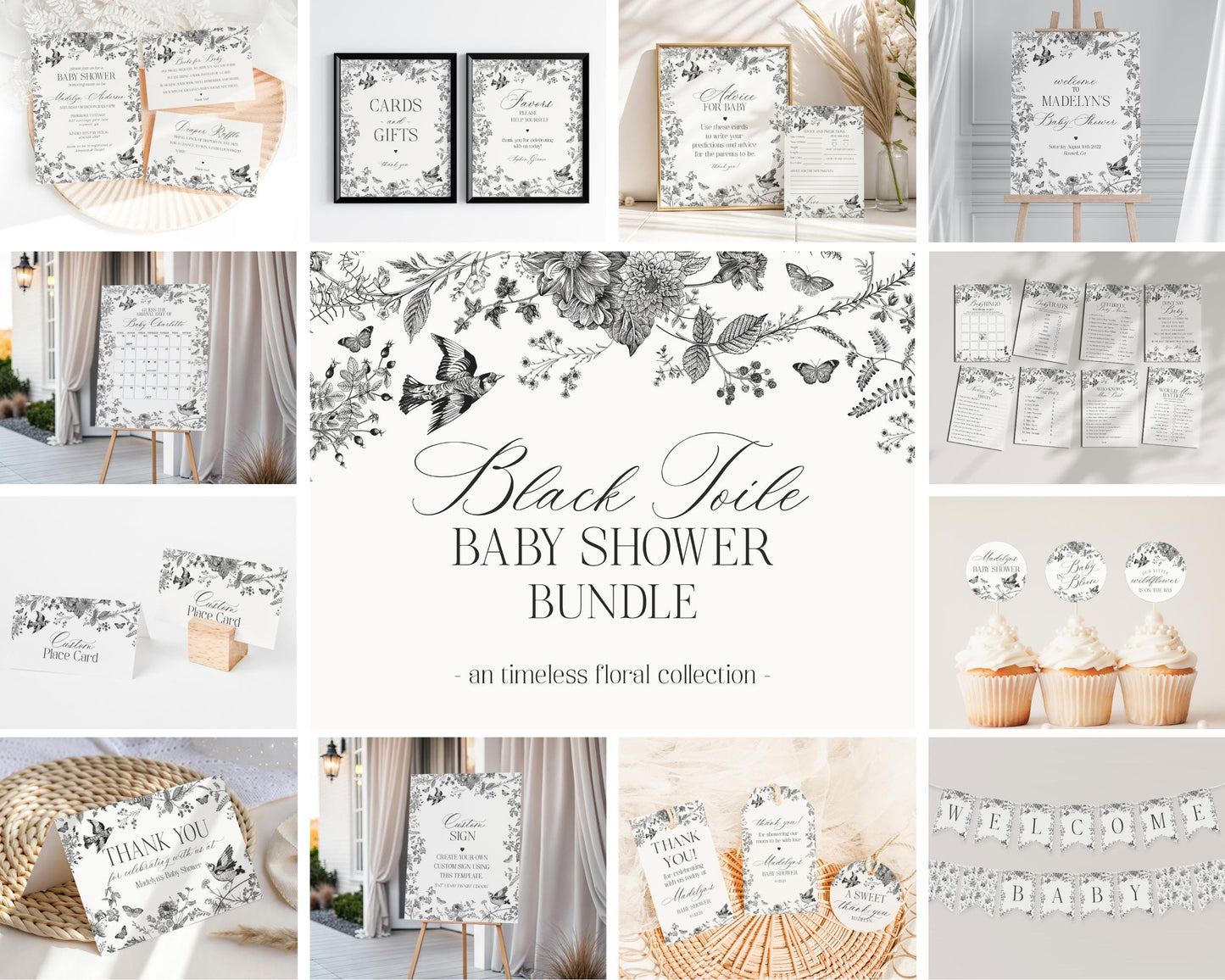 Black Toile De Jouy Baby Shower Printable Bundle, Baby in Bloom Wildflower Baby Brunch, Black Chinoiserie Nesting Party Decor WP1069