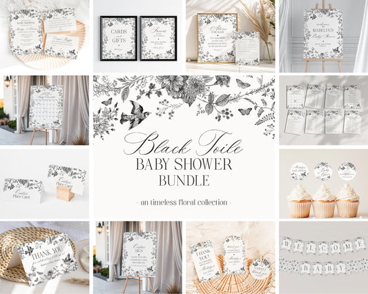 Black Toile De Jouy Baby Shower Printable Bundle, Baby in Bloom Wildflower Baby Brunch, Black Chinoiserie Nesting Party Decor WP1069
