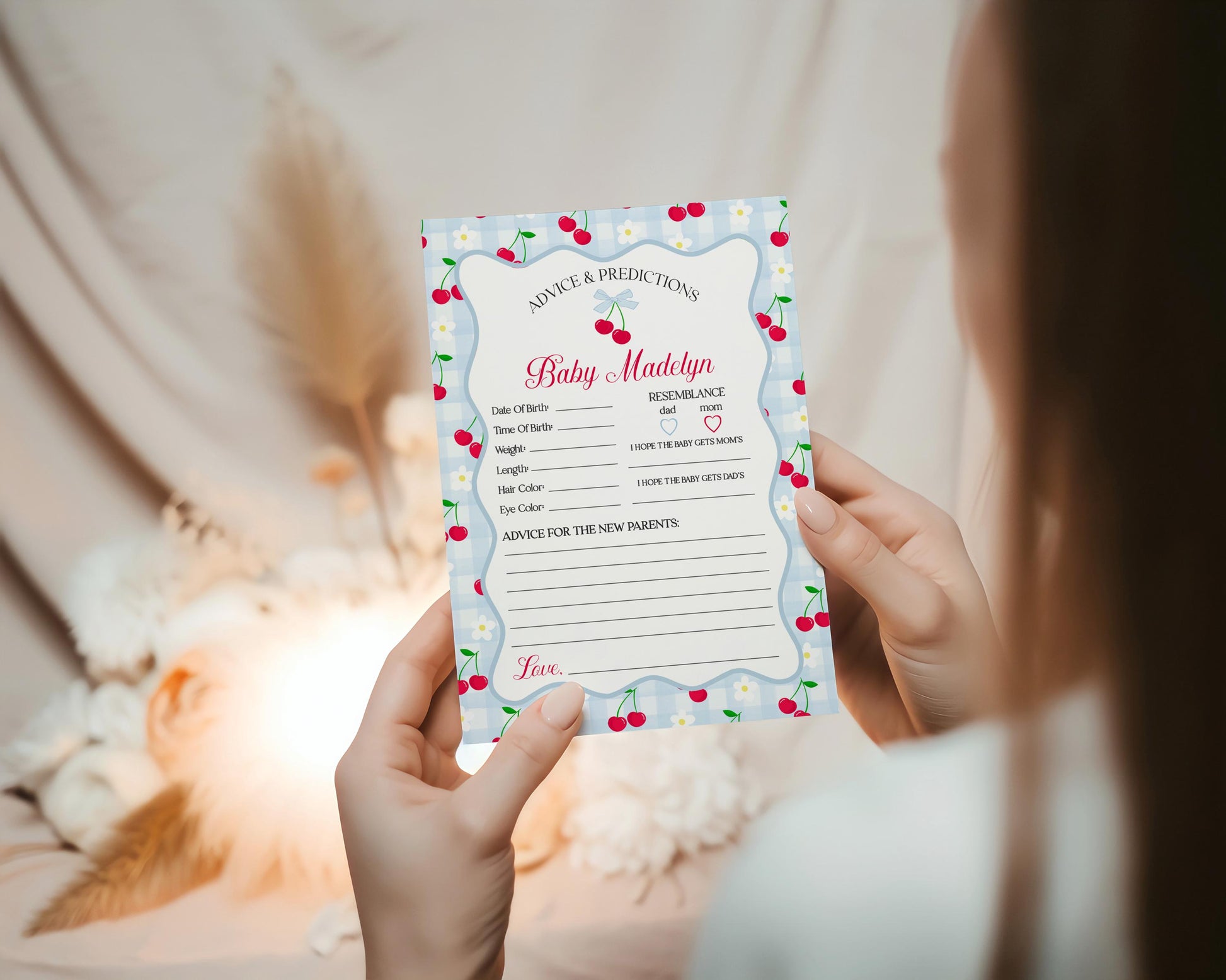 Blue Cherry Gingham Advice for Baby Cards Template, Coquette Sweet Cherry on Top Baby Sprinkle, Pastel Gingham Nesting Party Decor WP1072